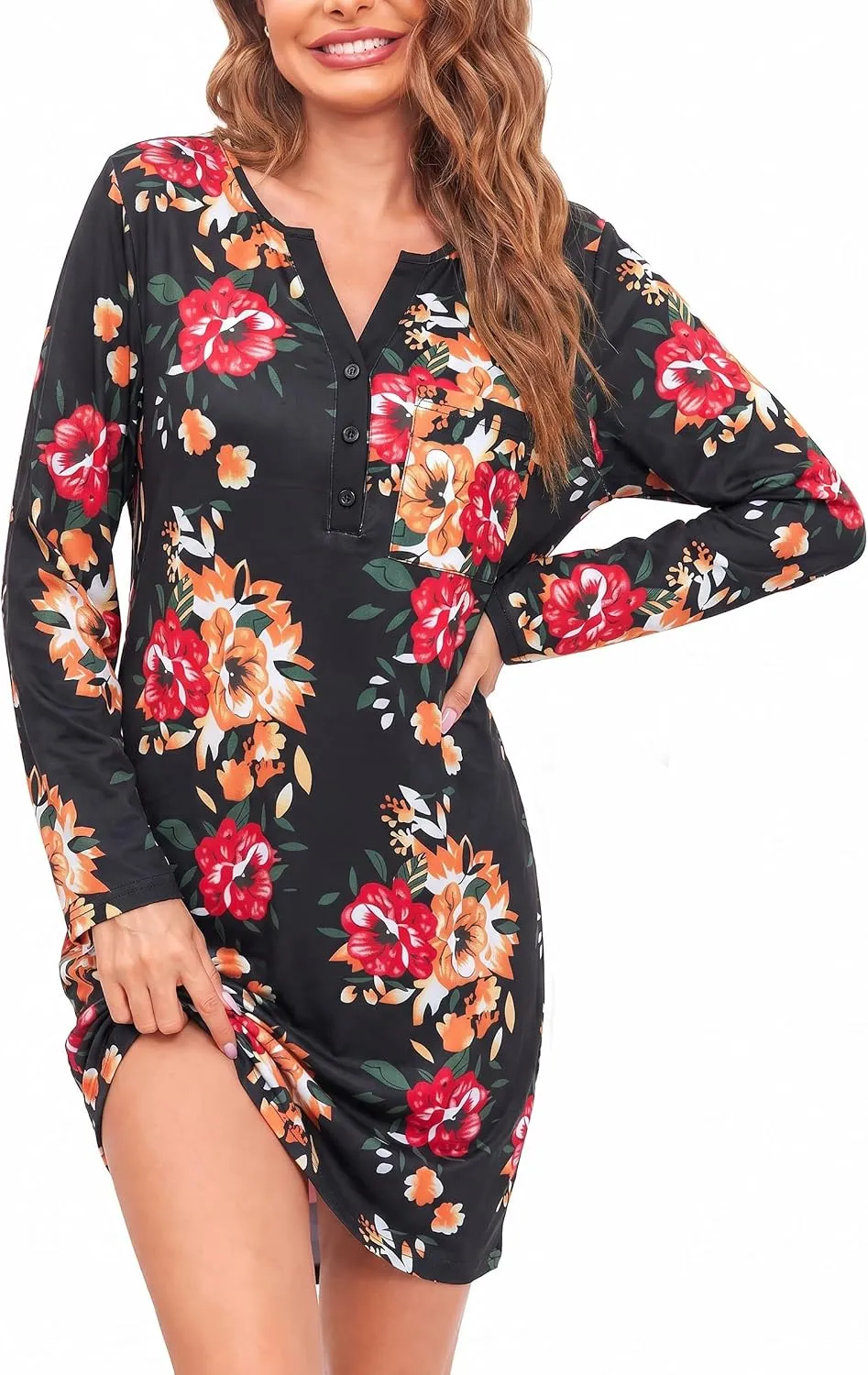 Ekouaer Women's Nightgowns Long Sleeve Button Down V Neck Pajama Dress