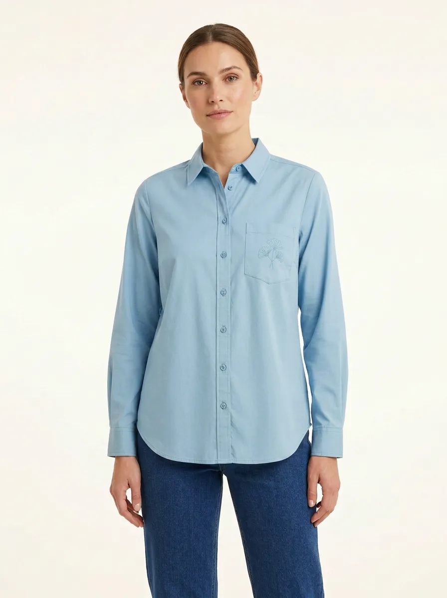 Women's Ginkgo-Embroidered Shirttail-Hem Point-Collar Shirt