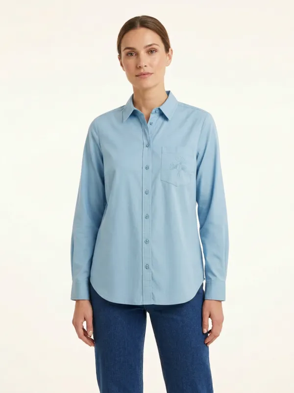 Women's Ginkgo-Embroidered Shirttail-Hem Point-Collar Shirt