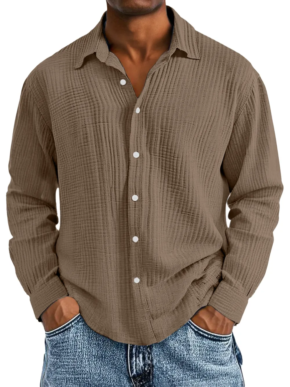 Layered Long Sleeve Camp Collar Pleated Front Shirt