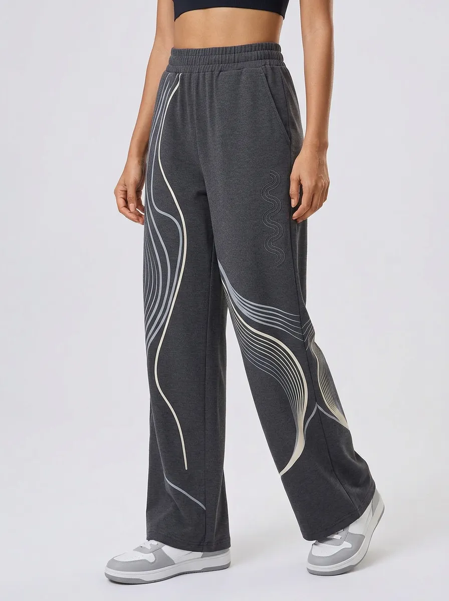 Women's Charcoal Graphic Print Wide-Leg Sweatpants
