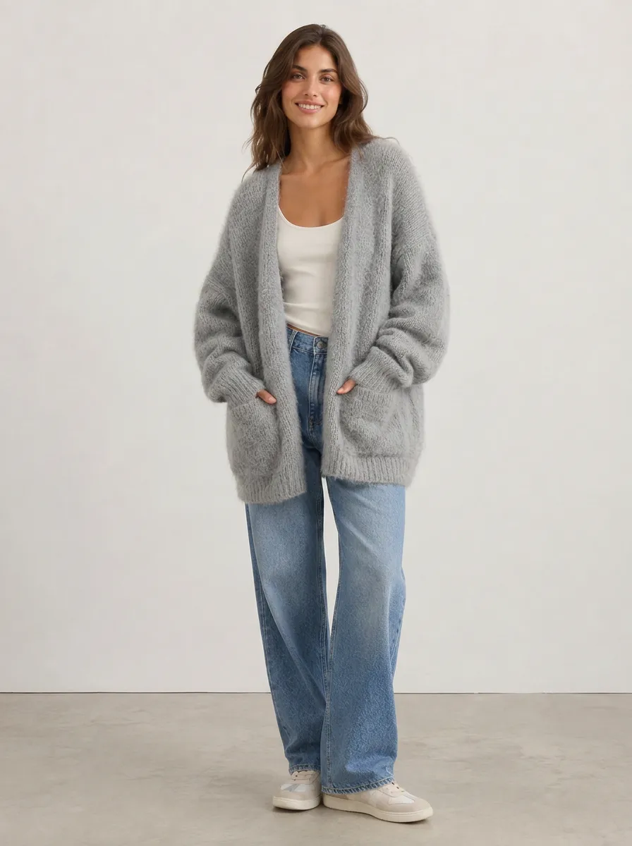 Women's Open-Front Fuzzy Knit Cardigan Oversized
