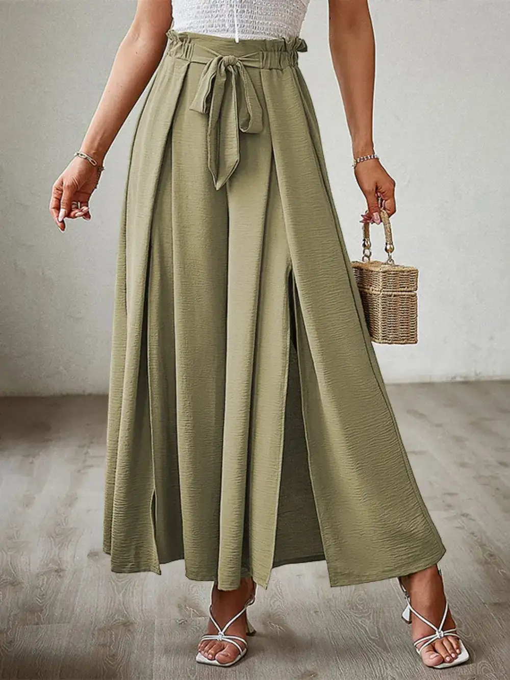 Wide Leg Tie Waist Slit Detail Casual Pants
