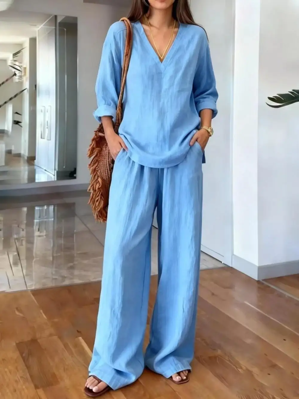 V Neck Top and Wide Leg Pants Set