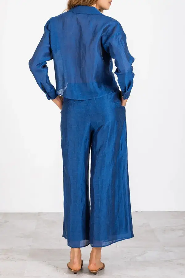 Blue Satin Tie Front Wide Leg Pants