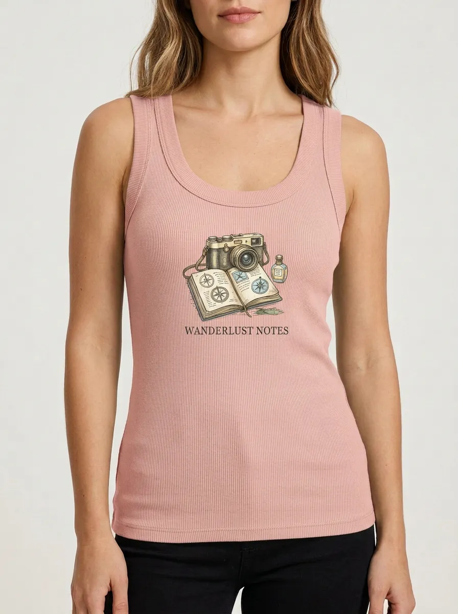 Women's Travel Camera Compass Graphic Ribbed Tank Top