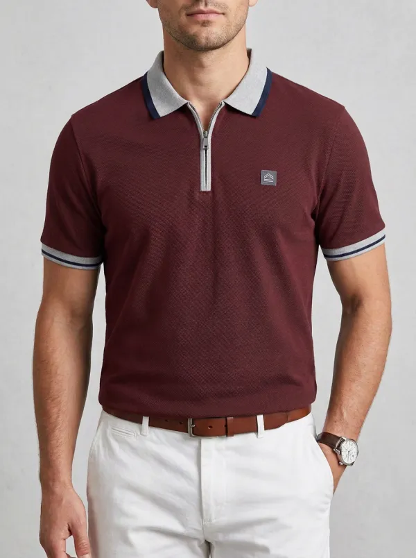 Men's Casual Minimalist Logo Patch Zip-Neck Polo Shirt