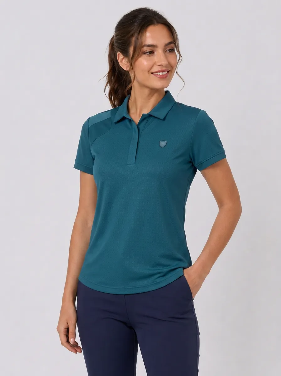 Women's Sporty Casual Teal Shield Logo Printed Polo Shirt