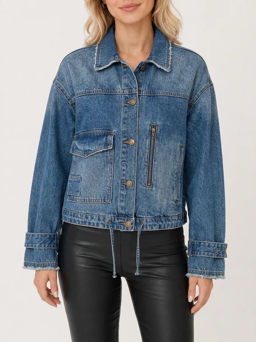 Women's Vintage Distressed Denim Multi-Pocket Drawstring Jacket