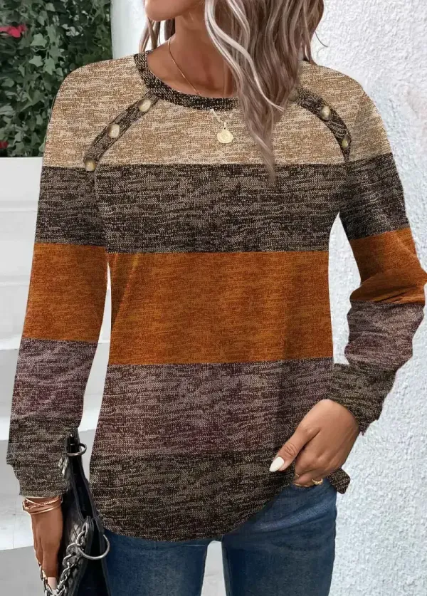 Dark Camel Button Striped Long Sleeve T Shirt
