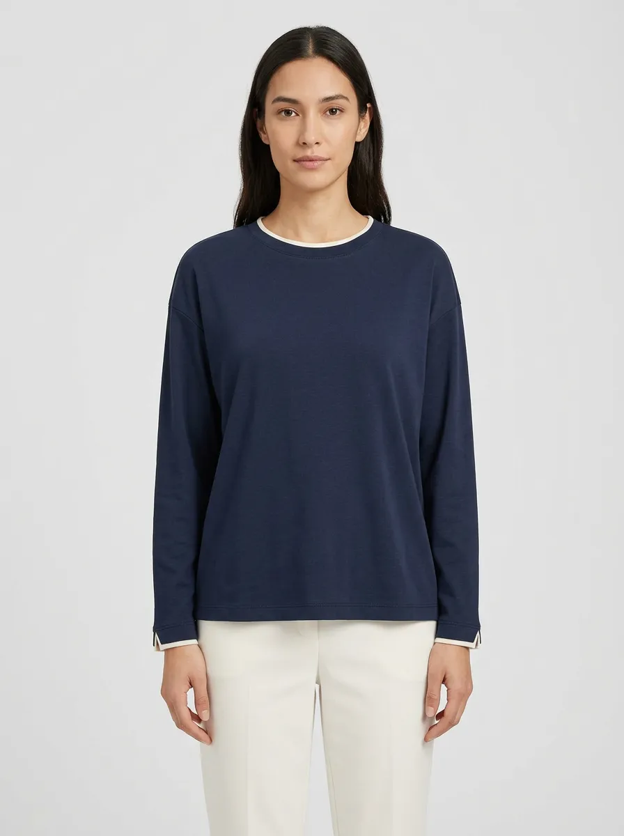 Women's Contrast Trim Long-Sleeve Crew-Neck