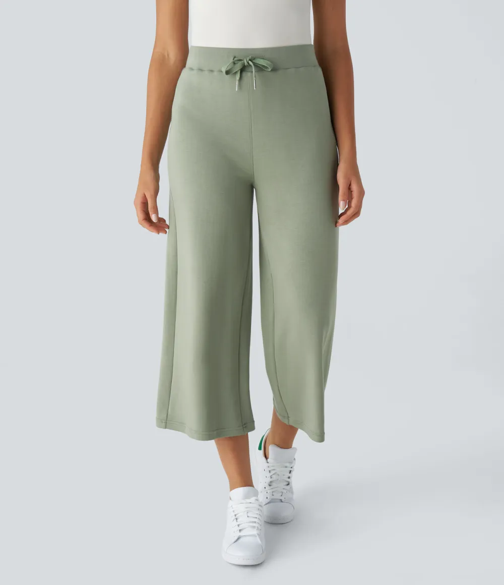 High Waisted Drawstring Capri Work Wide Leg Pants