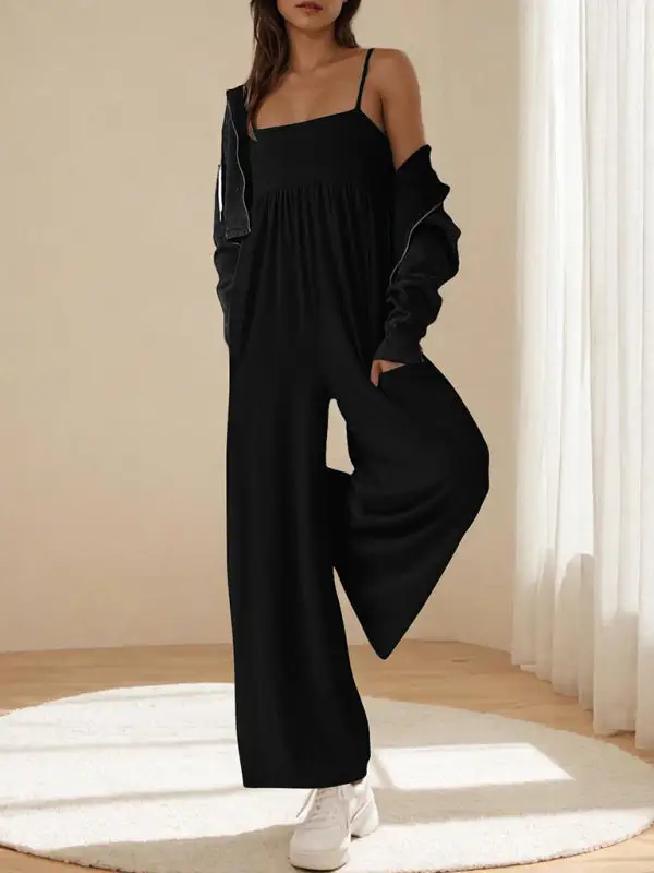 Casual Suspender Sleeveless Square Neck Wide Jumpsuit