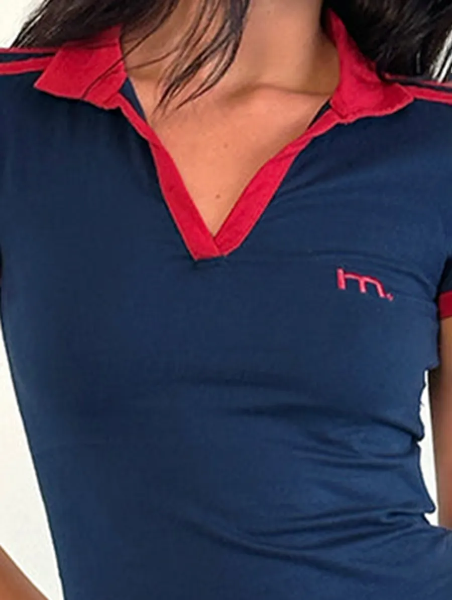 Navy With Adrenaline Red Binding And M Embroidery Top