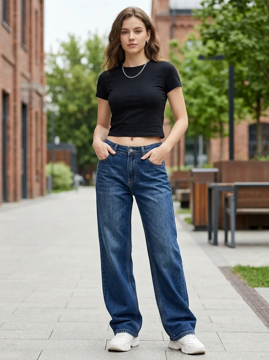 Women's Classic Denim Pants with Wide Leg Silhouette and High Rise Finish