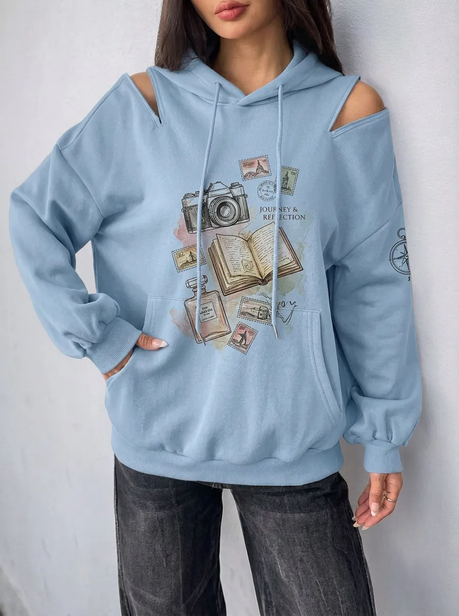 Women's Travel Lover Camera Book Stamp Printed Cold Shoulder Hoodie
