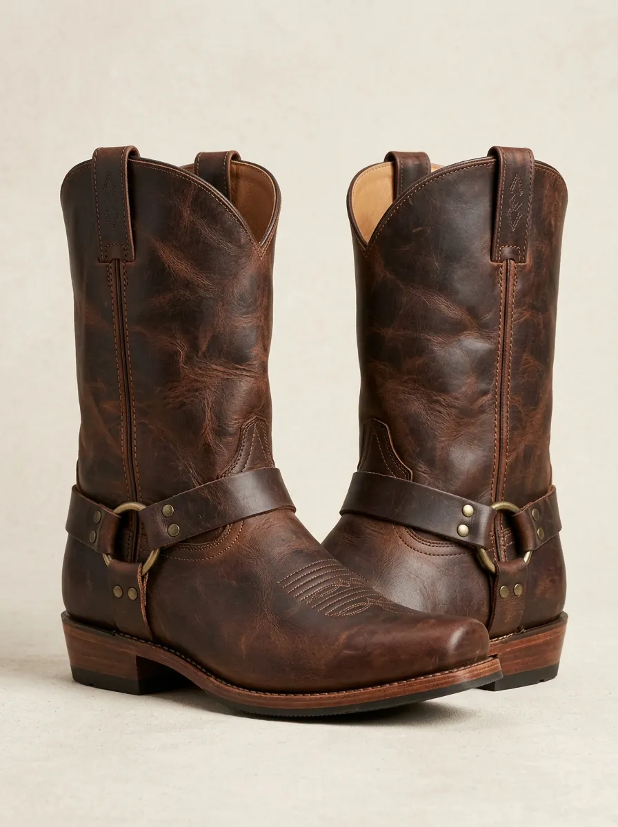 Men's Western Cowboy Brown Leather Printed Boots