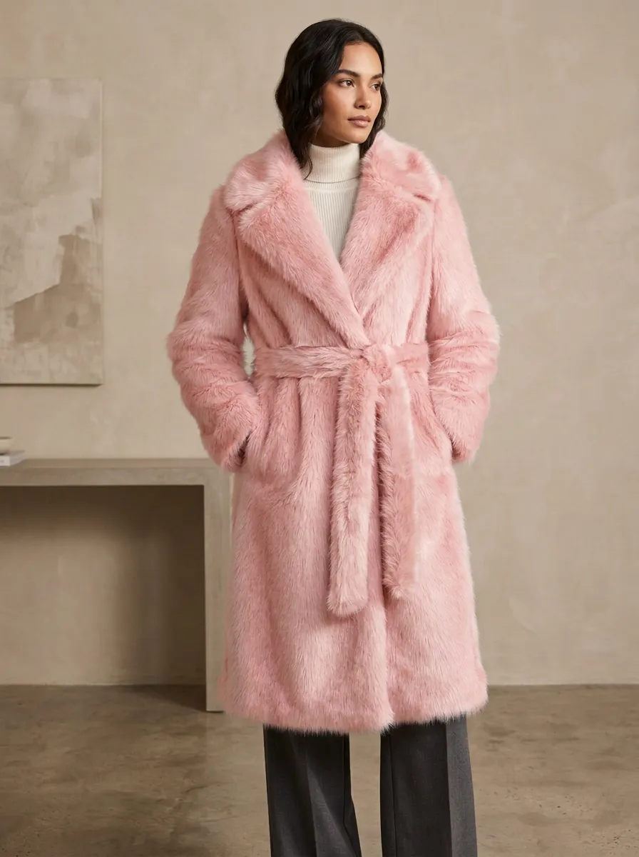 Solid Faux Fur Belted Coat