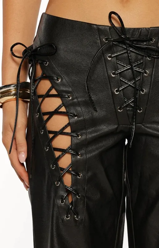 Black Faux Leather Lace-Up Straight-Leg Pants