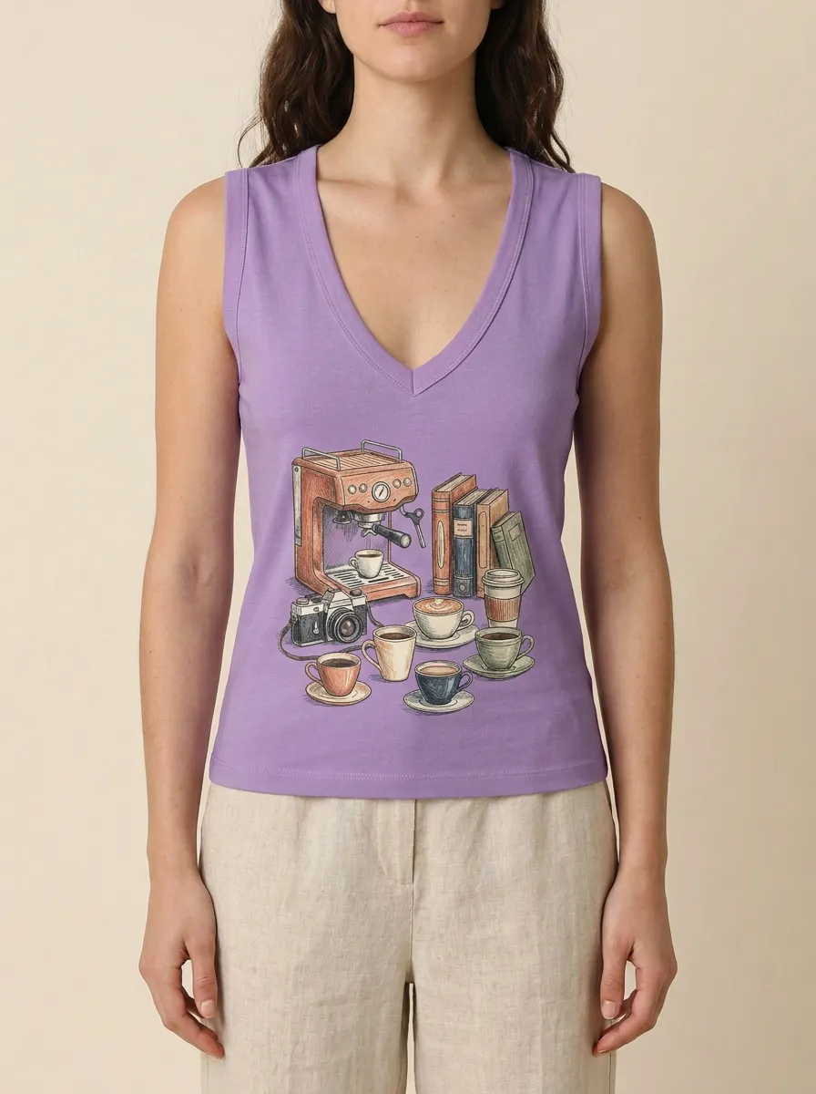 Women's Coffee Lover Bookworm Camera Printed V-neck Tank Top