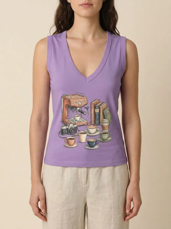 Women's Coffee Lover Bookworm Camera Printed V-neck Tank Top