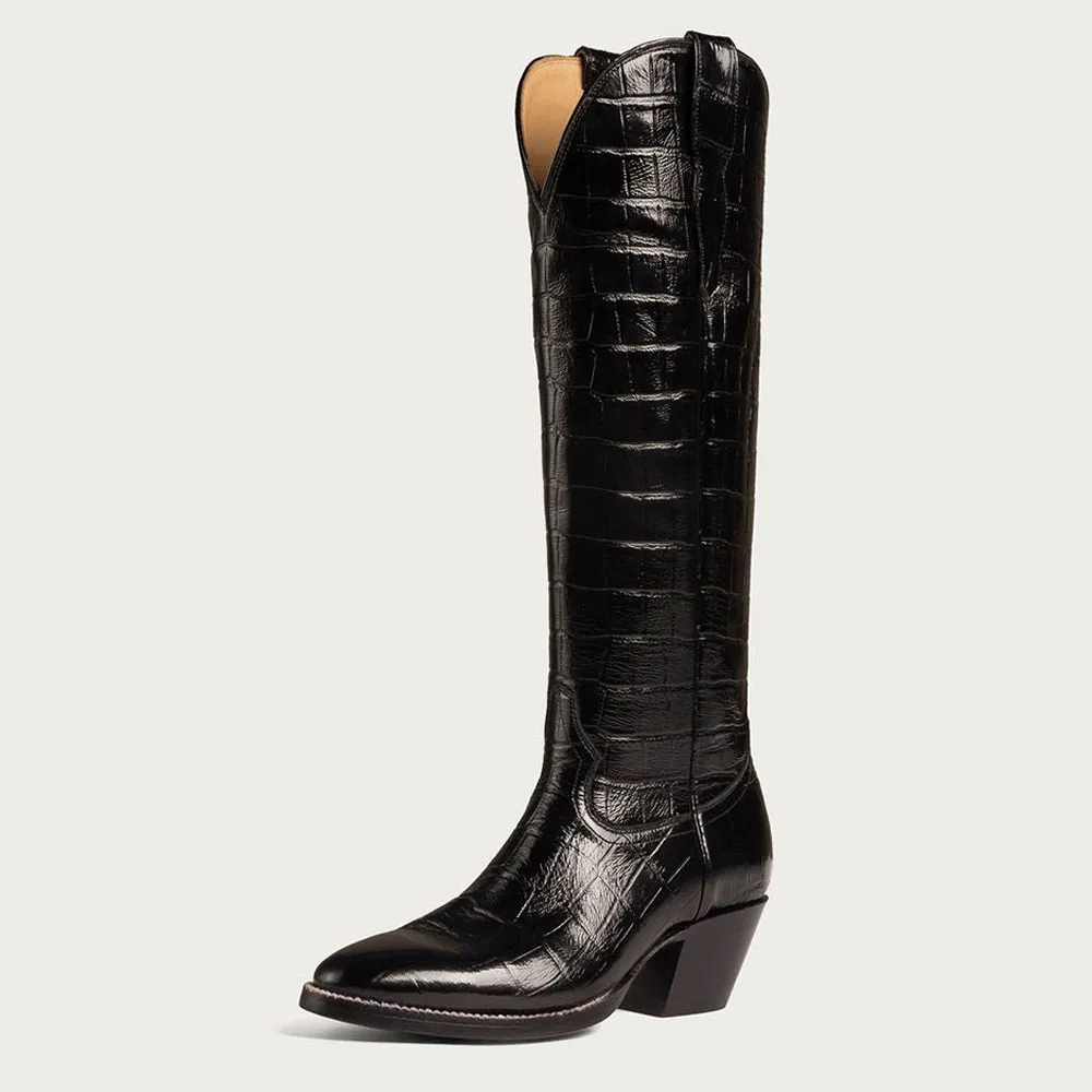 Classic Faux-Leather Crocodile-Embossed Round-Toe Chunky-Heel Knee-High Boots