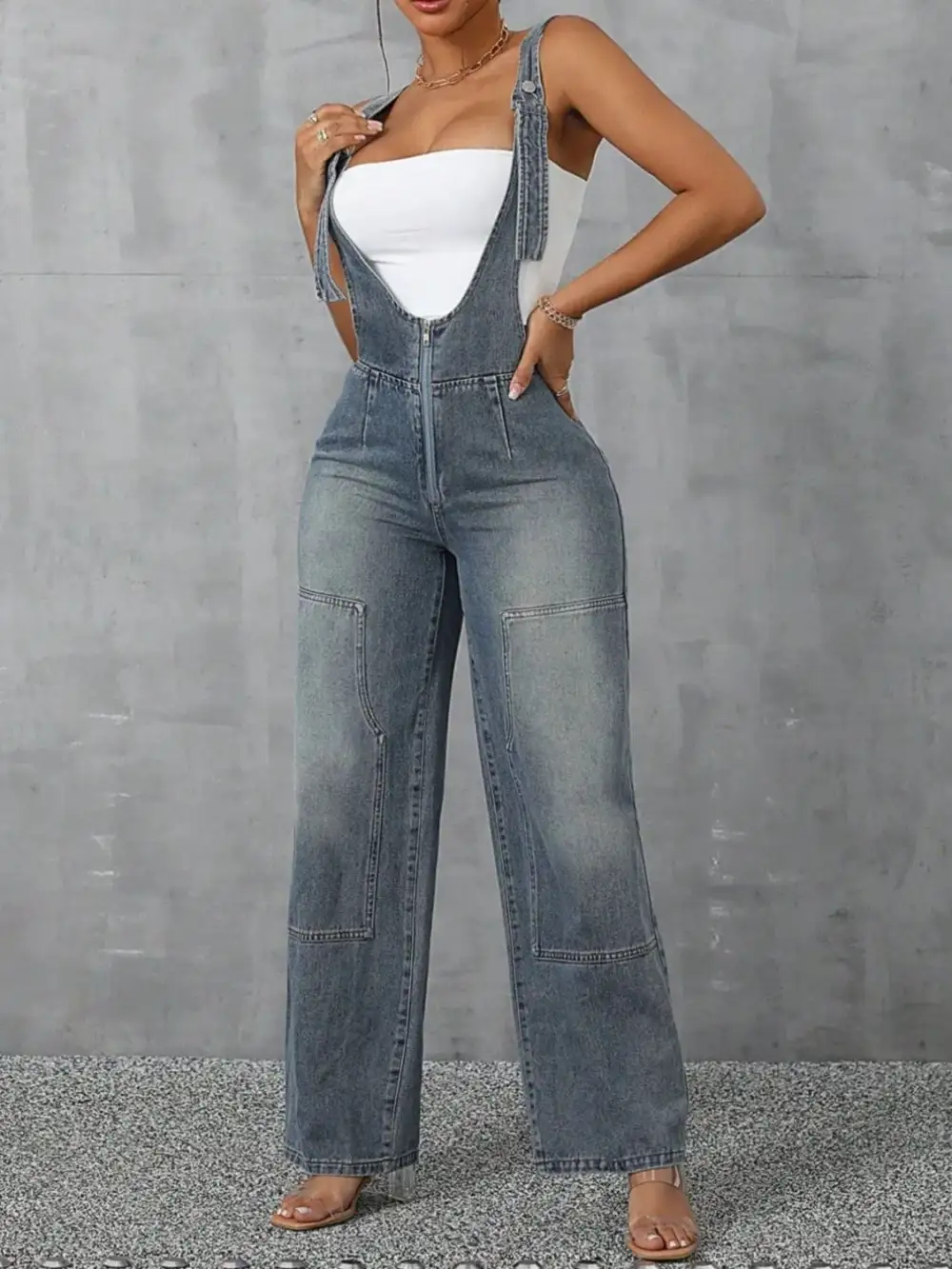 Zip Front Wide Strap Denim Overall Accessory