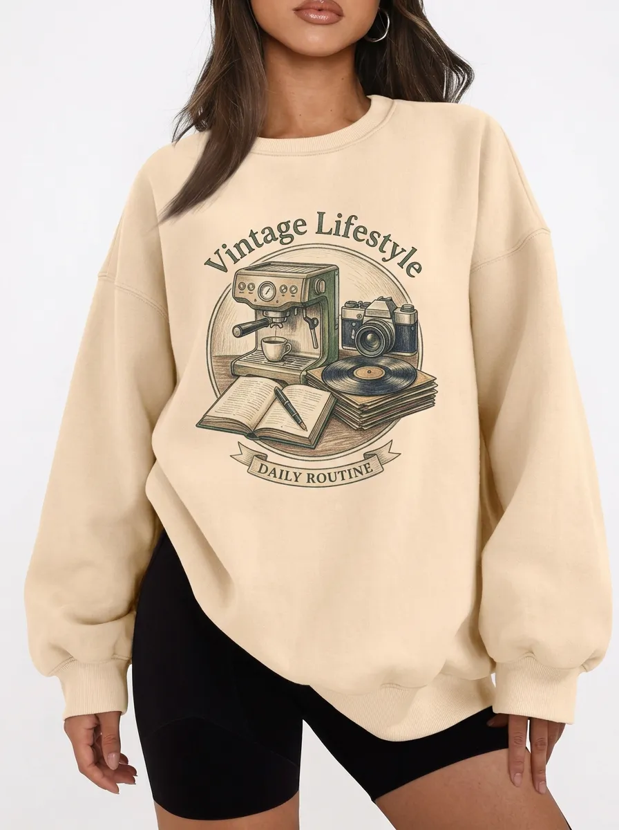 Women's Vintage Lifestyle Coffee Camera Vinyl Printed Sweatshirt