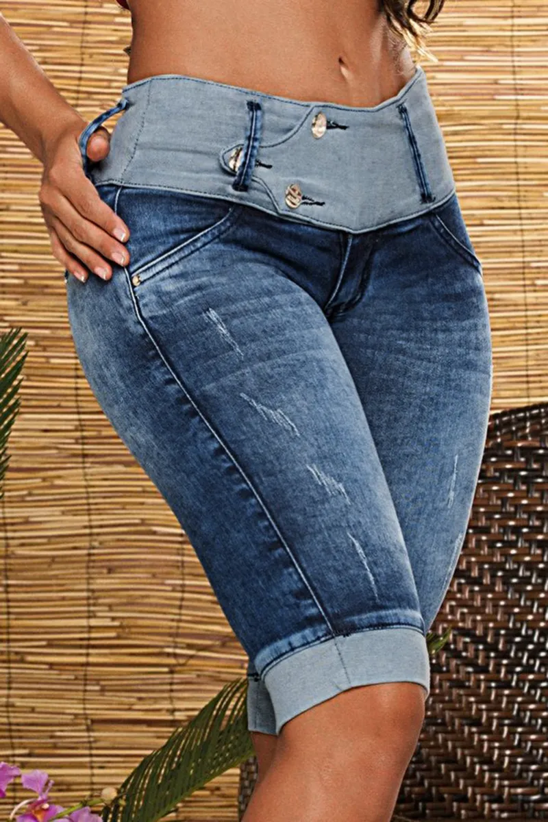 Two Tone Button Front Ripped Denim Bermuda Shorts