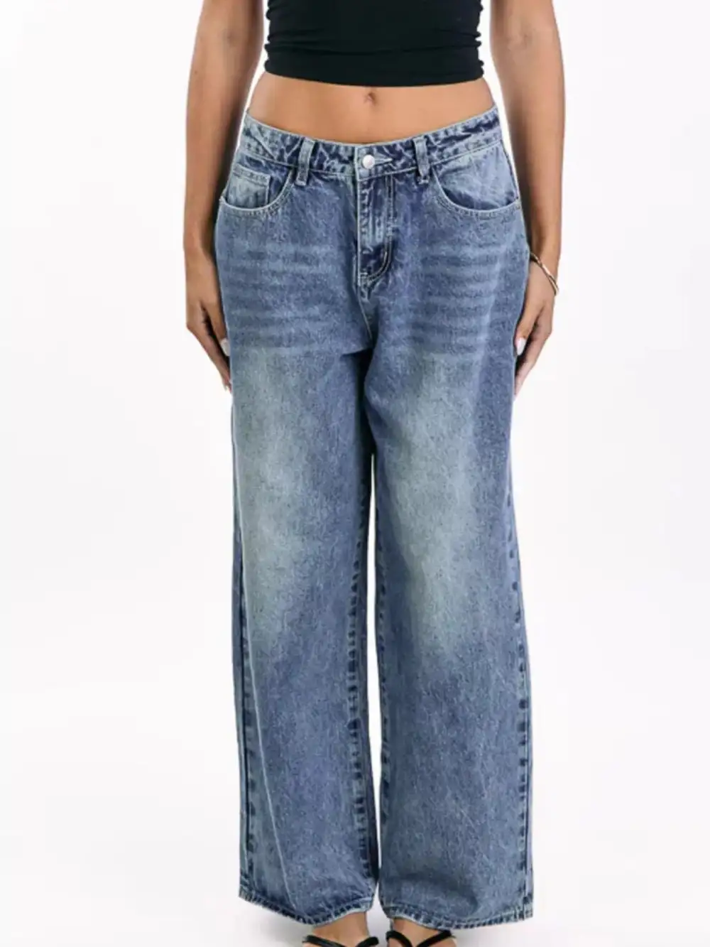 Pocketed Wide Leg Jeans Denim Pants For Women