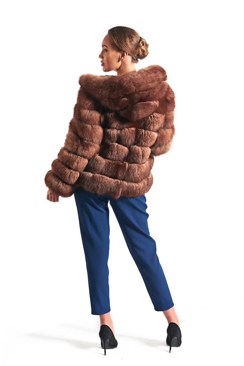 Brown Fox Fur Coat Women's Hooded