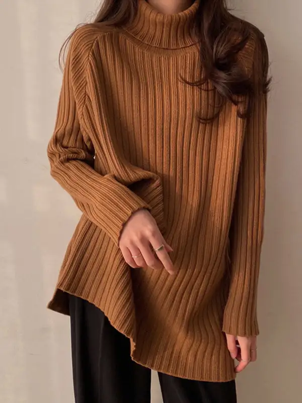 Casual Split Hem High Neck Long Sleeve Relaxed Fit Sweater