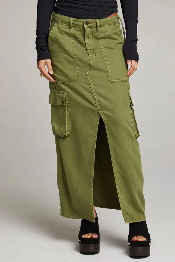 Olive Green Cargo Pocket Maxi Skirt