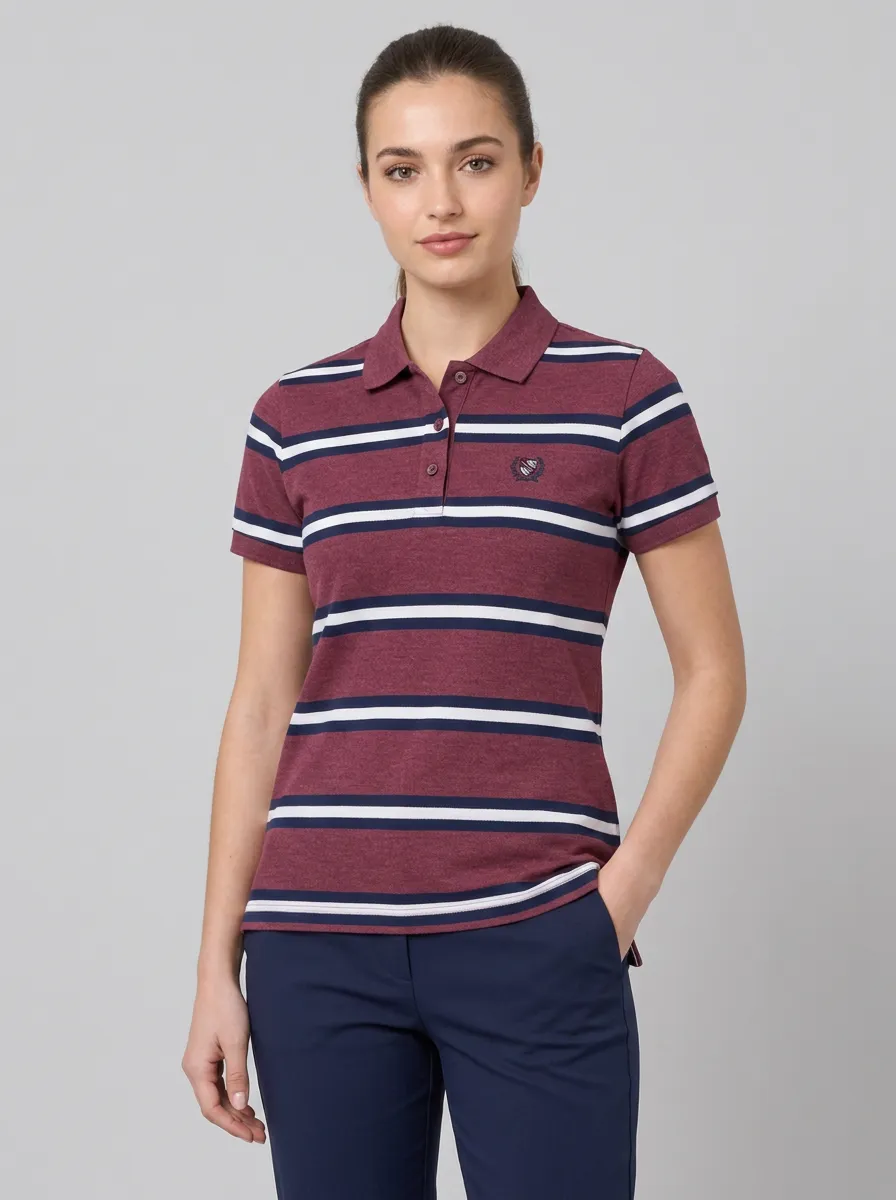 Women's Casual Style Burgundy Striped Printed Polo Shirt