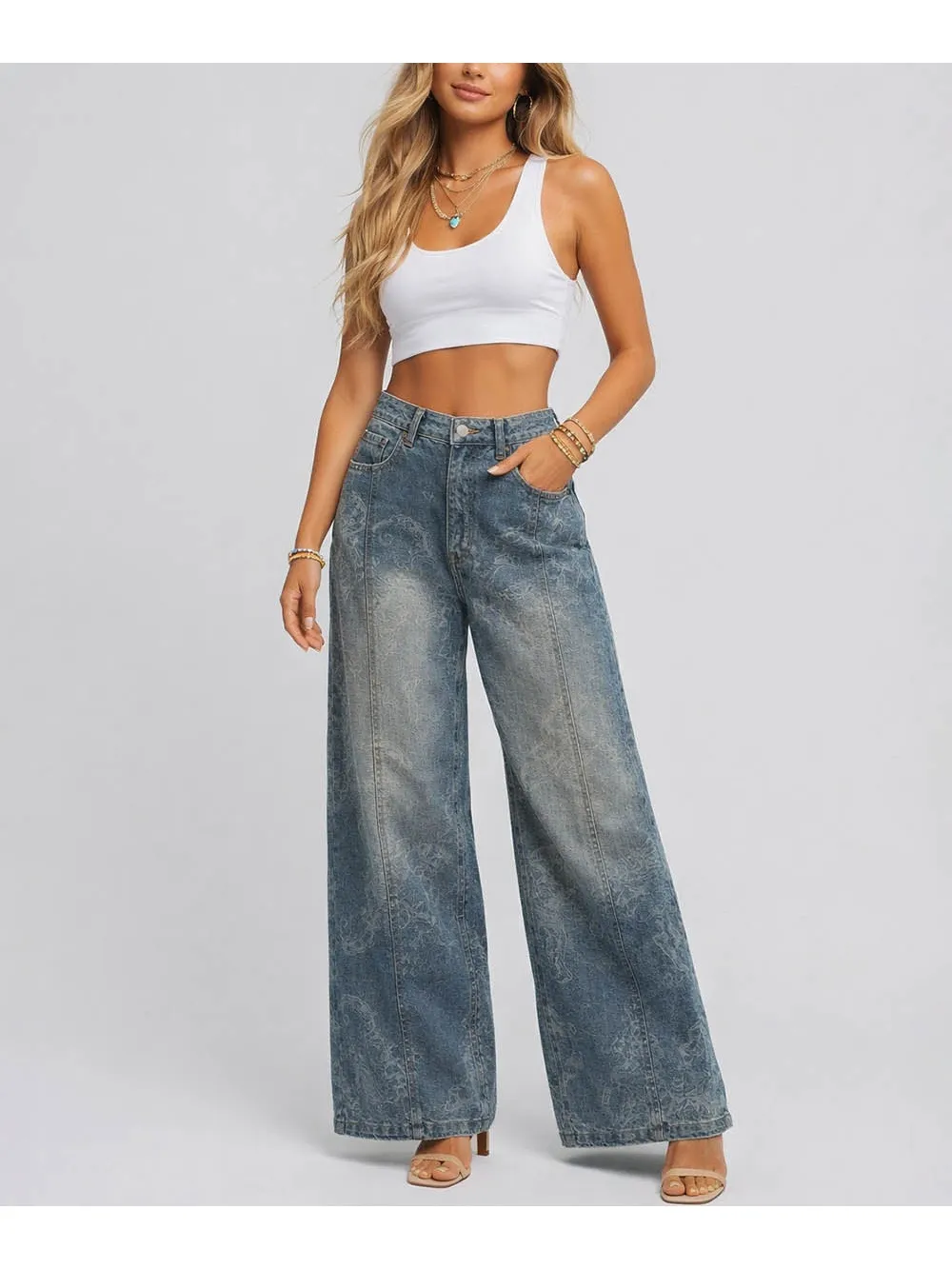 Jacquard Pockets Jeans Wide Leg Denim Pants