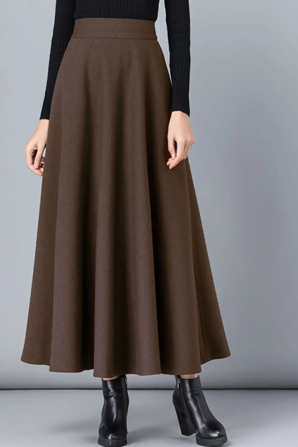 Checkered Wool Blend A Line High Waist Maxi Skirt