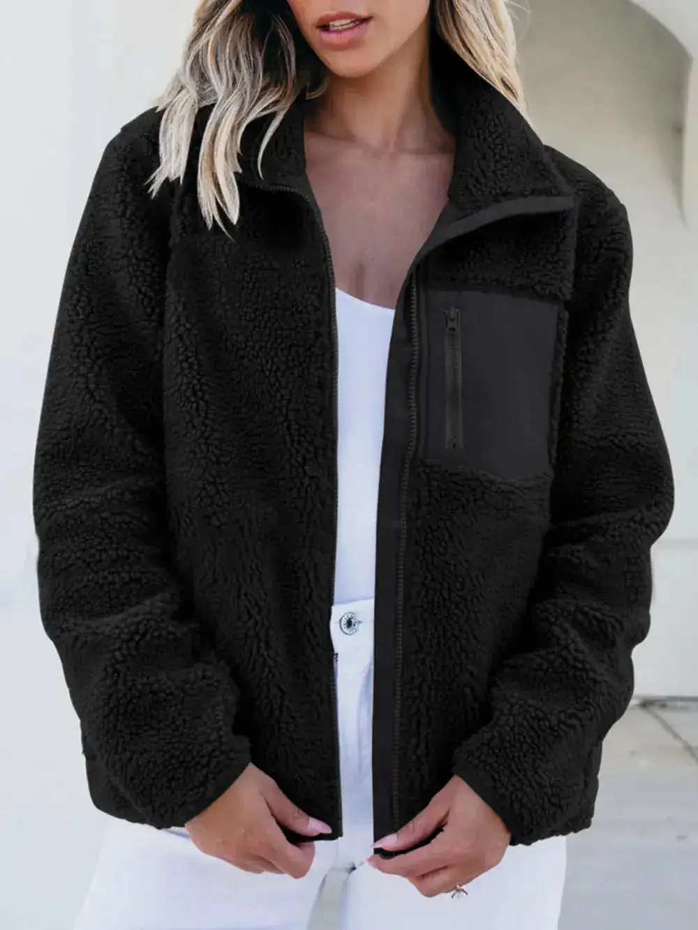 Plush Zip Front Pocketed Casual Jacket