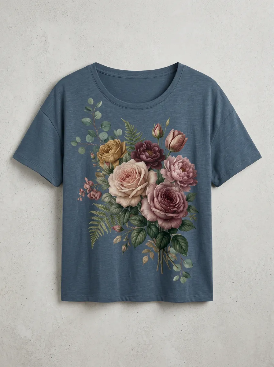Women's Botanical Garden Rose Bouquet Printed T-shirt