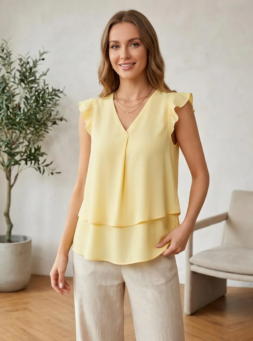 Ruffle Sleeve Layered V-Neck Top
