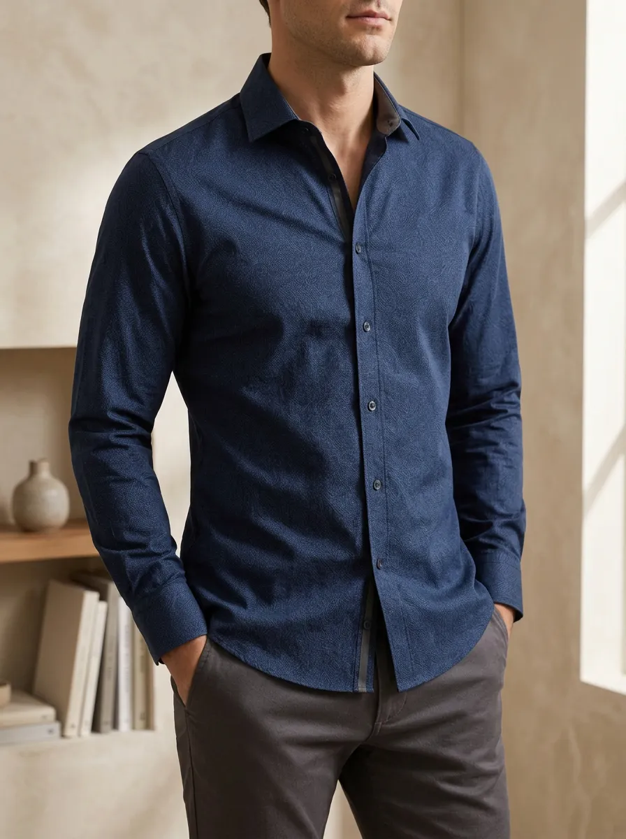 Men's Refined Paisley Contrast Trim Long Sleeve Slim Fit Shirt