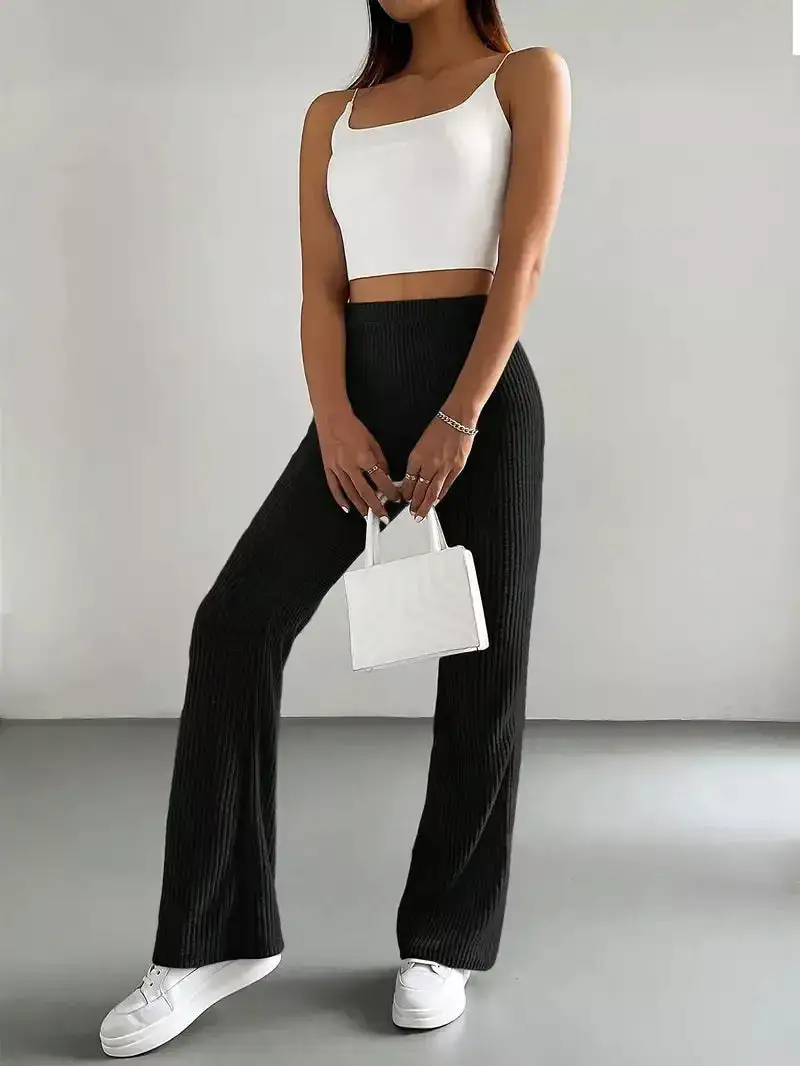 Classic Ribbed Knit High Waist Flare Pants