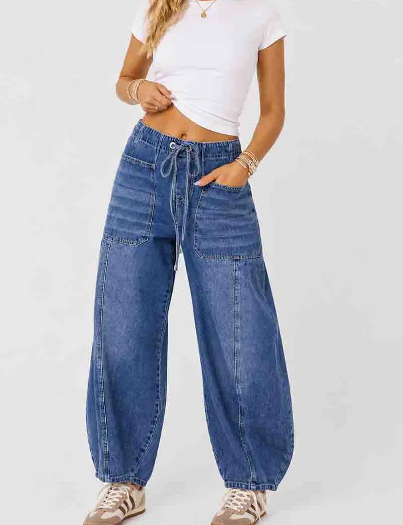 Elastic Waist String Pocket Denim Pants