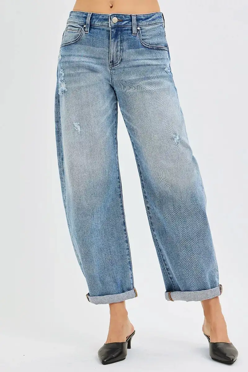 Cuffed Hem Distressed Barrel Leg Jeans
