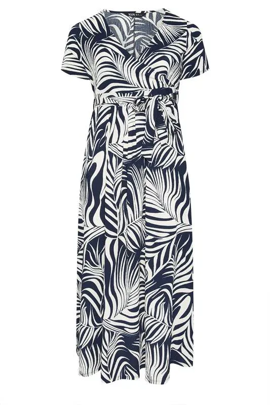 Blue Leaf Print Wrap Front Dress