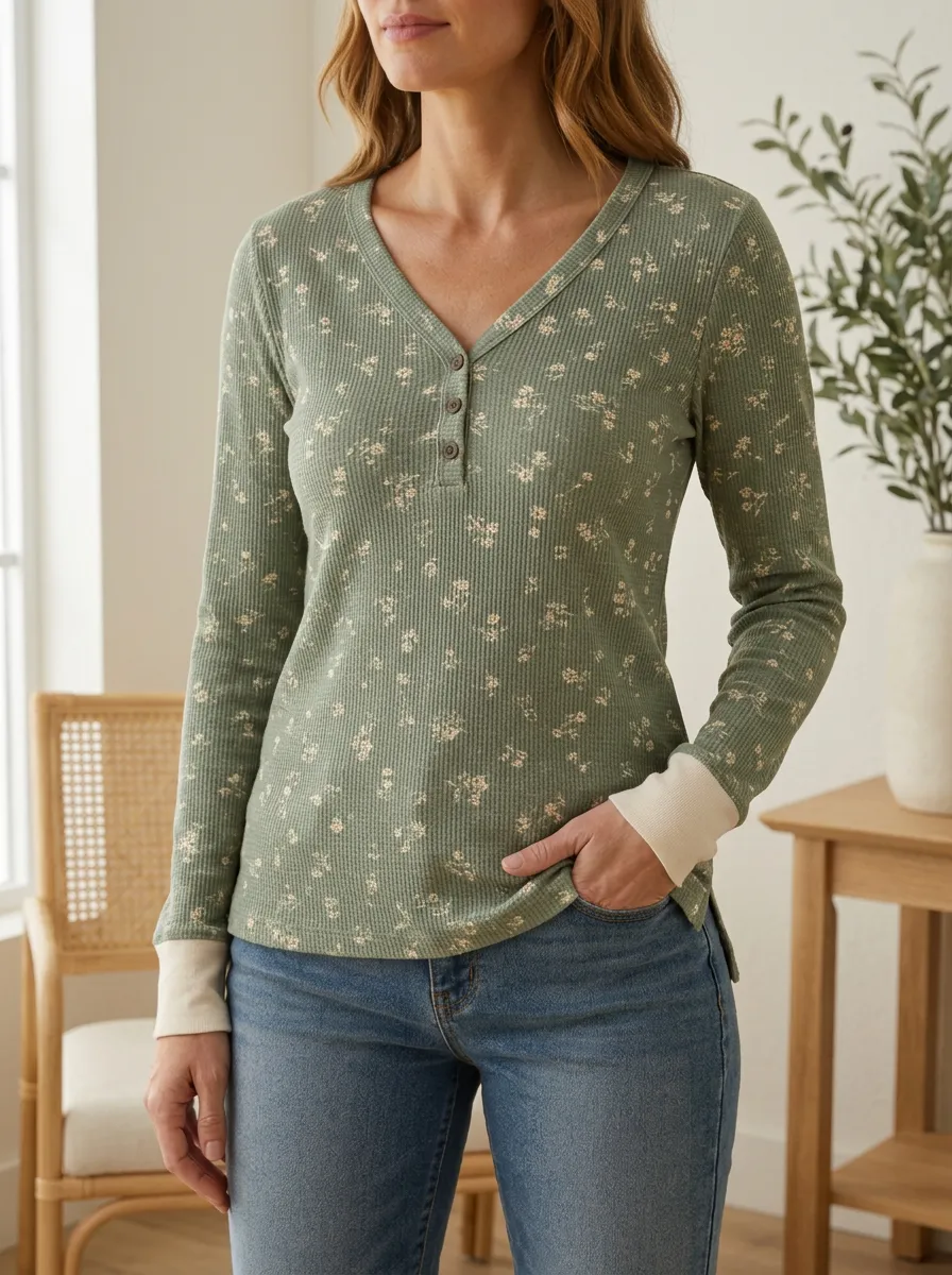Women's Floral Pattern Sage Green Ribbed Printed Henley Top