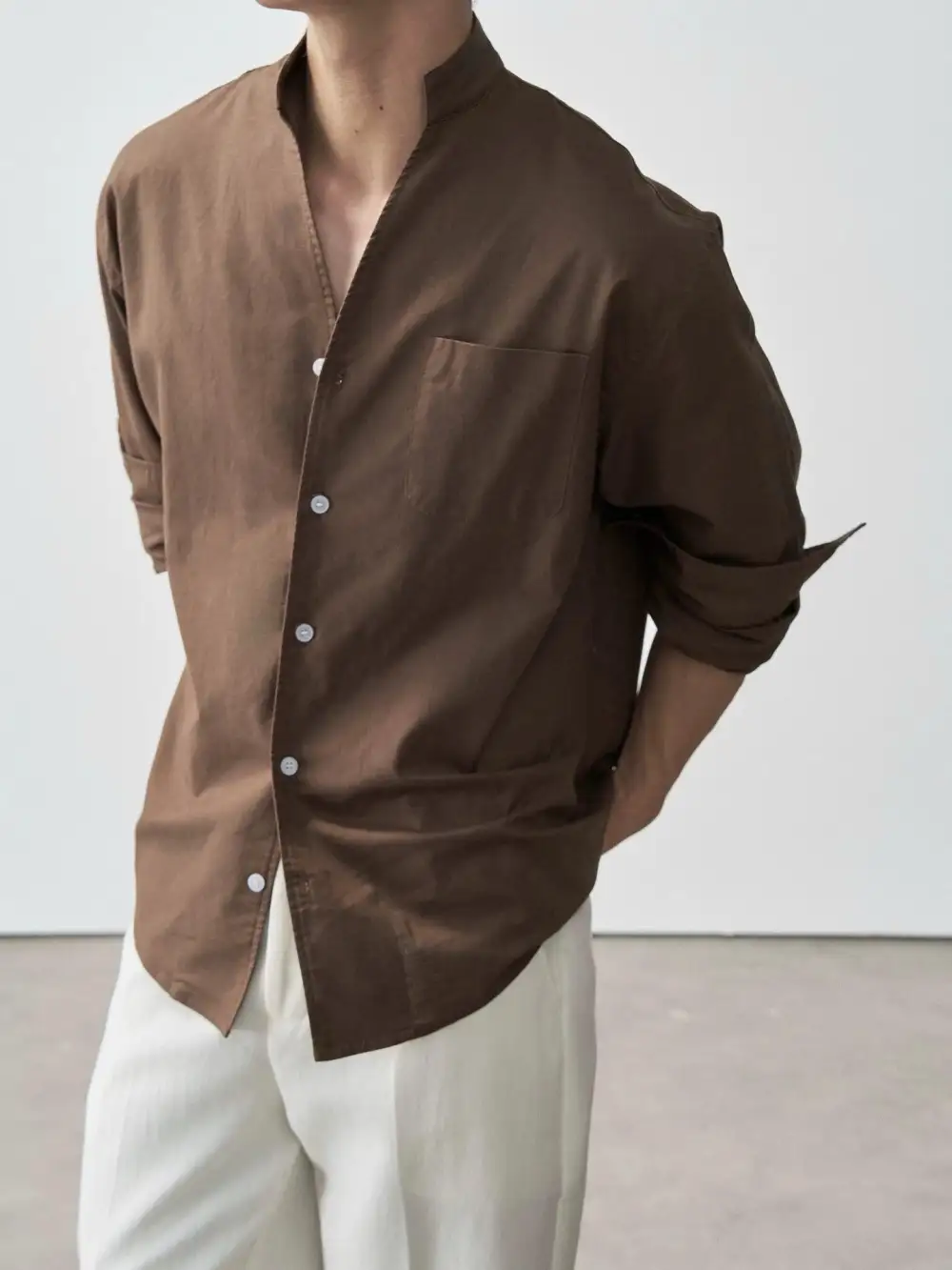 Stand Collar Linen Blend Shirt