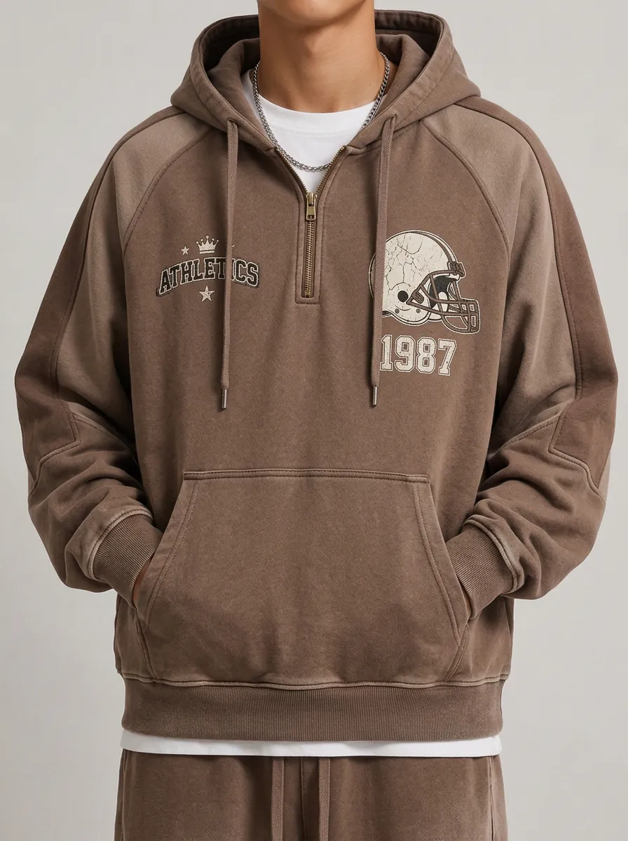 Men's Football Athletics 1987 Helmet Printed Quarter-Zip Hoodie