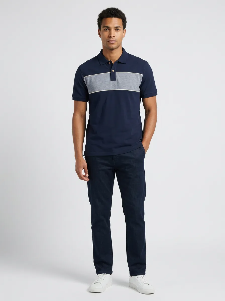 Men's Casual Style Navy Grey Colorblock Striped Polo Shirt