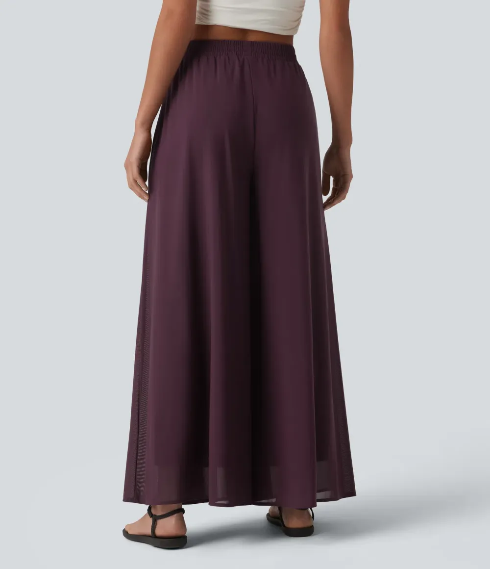 High Waisted Pocket Mesh Overlay Wide Leg Casual Pants