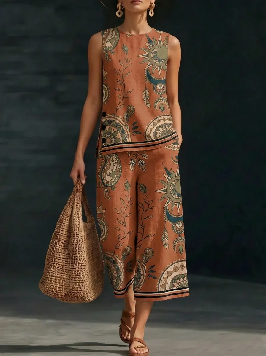 Women's Boho Sun Moon Floral Printed Sleeveless Set